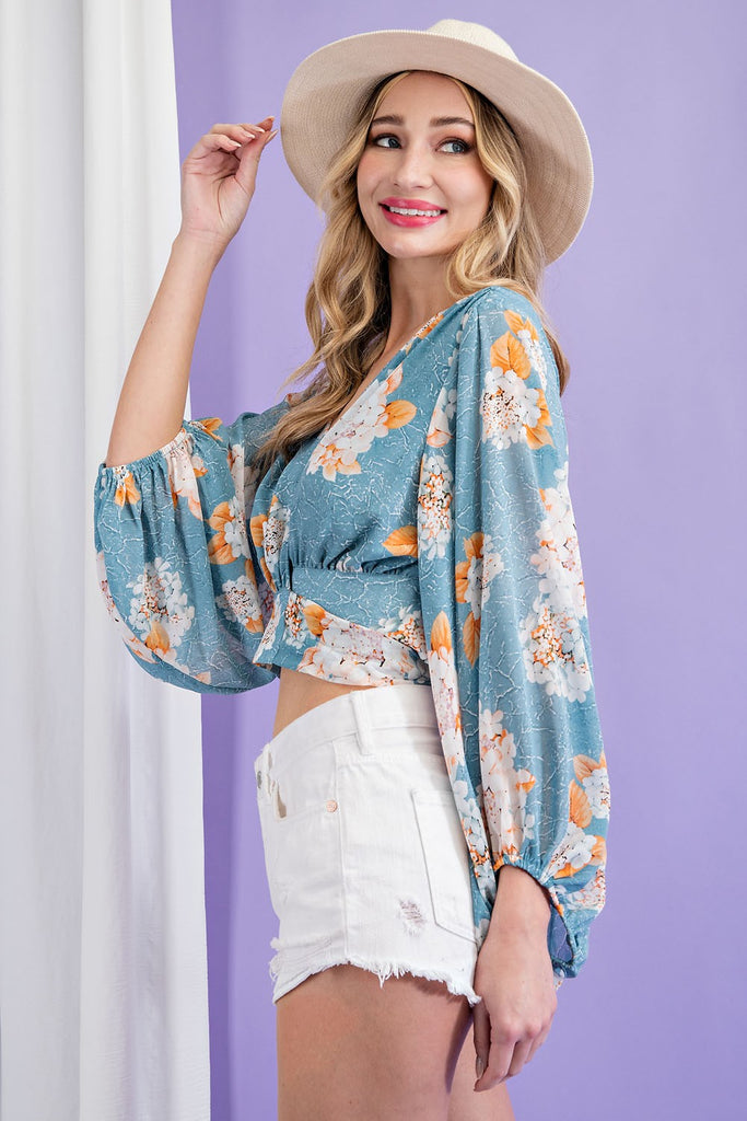 ee:some Cropped Long Sleeve Blouse With Adjustable Back Tie In Floral Sage-Tops-ee:some-Deja Nu Boutique, Women's Fashion Boutique in Lampasas, Texas