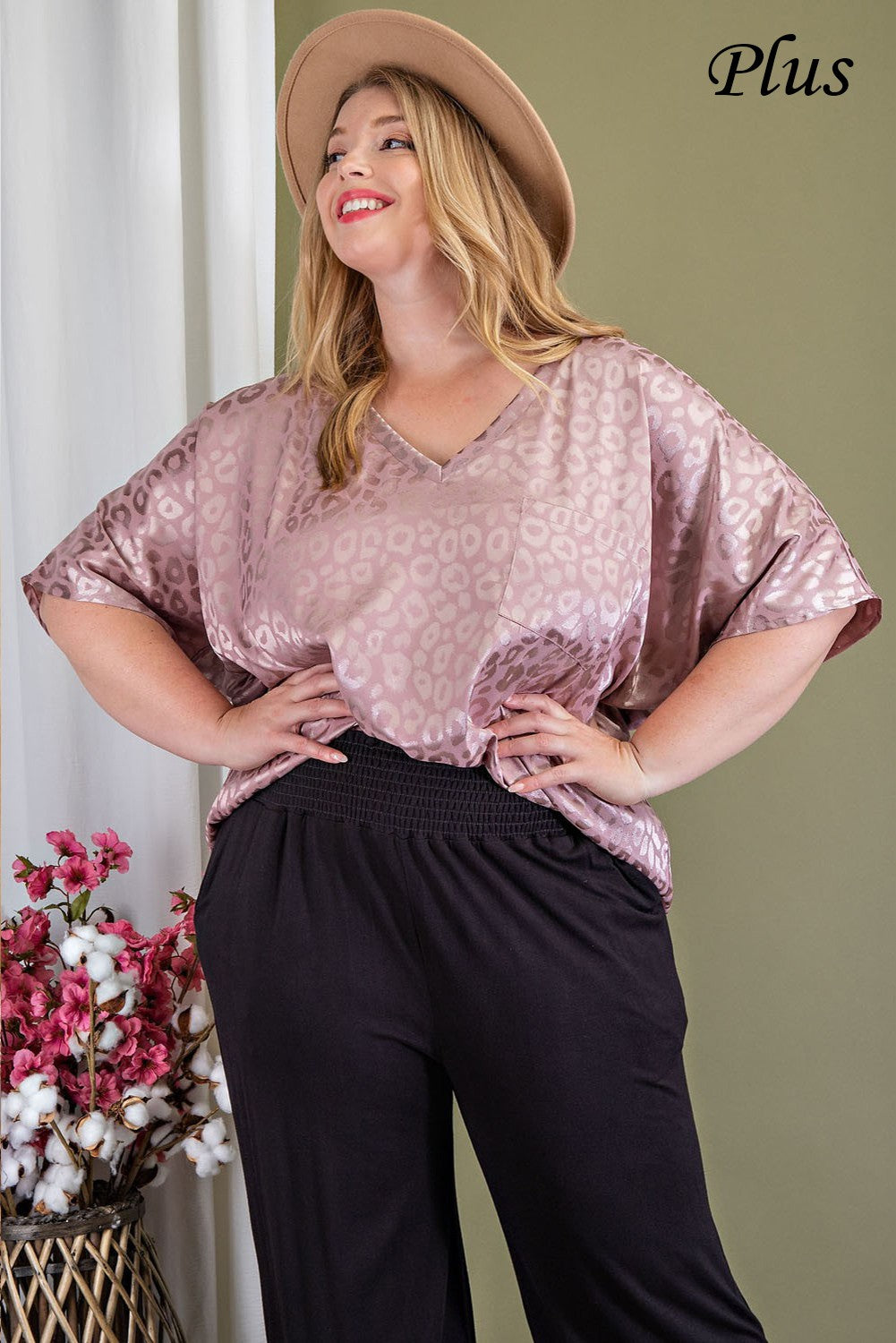 ee:some Mauve Animal Print V Neck Flowy Blouse With Pocket Plus-Curvy/Plus Blouses-ee:some-Deja Nu Boutique, Women's Fashion Boutique in Lampasas, Texas