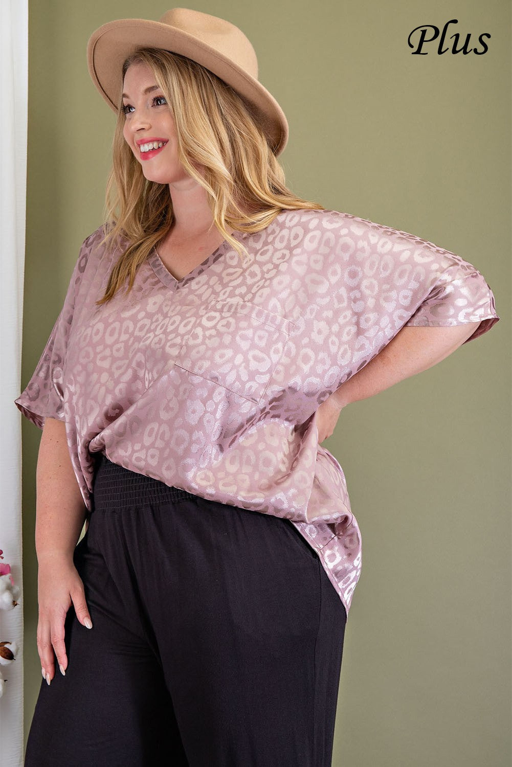 ee:some Mauve Animal Print V Neck Flowy Blouse With Pocket Plus-Curvy/Plus Blouses-ee:some-Deja Nu Boutique, Women's Fashion Boutique in Lampasas, Texas