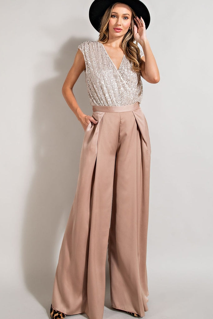 ee:some Satin High Waist Pleated Wide Leg Pants In Champagne-Bottoms-ee:some-Deja Nu Boutique, Women's Fashion Boutique in Lampasas, Texas