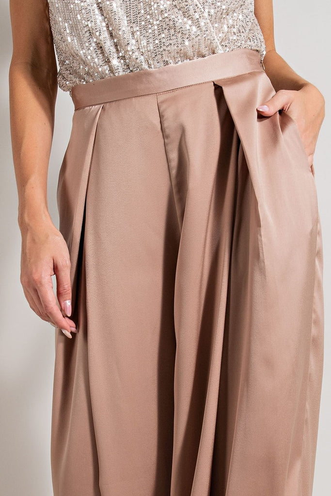 ee:some Satin High Waist Pleated Wide Leg Pants In Champagne-Bottoms-ee:some-Deja Nu Boutique, Women's Fashion Boutique in Lampasas, Texas