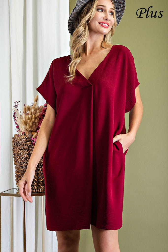 ee:some Short Sleeve V-Neck Dress In Merlot With Pockets Plus-Curvy/Plus Short Dresses-ee:some-Deja Nu Boutique, Women's Fashion Boutique in Lampasas, Texas