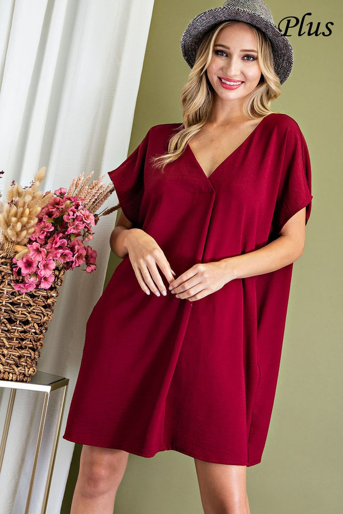 ee:some Short Sleeve V-Neck Dress In Merlot With Pockets Plus-Curvy/Plus Short Dresses-ee:some-Deja Nu Boutique, Women's Fashion Boutique in Lampasas, Texas