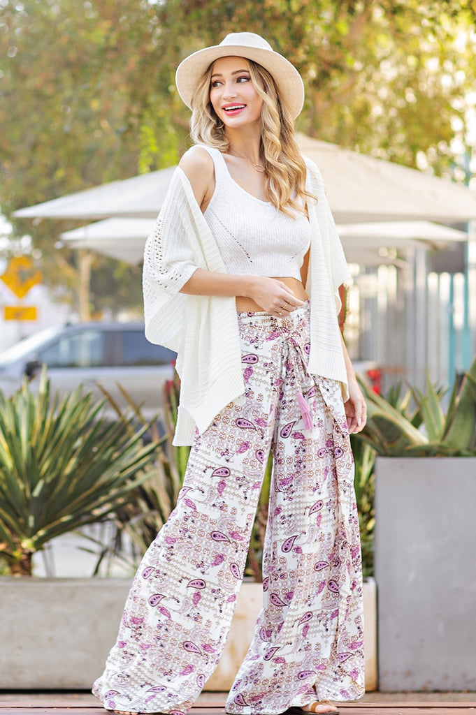 ee:some Violet Wide Leg Pants In A Paisley Print With Tie Front.-Bottoms-ee:some-Deja Nu Boutique, Women's Fashion Boutique in Lampasas, Texas