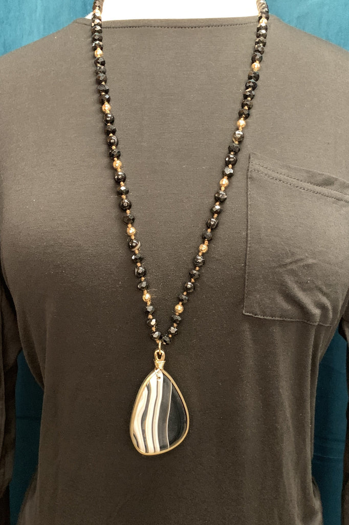 Emma Black And Gold Beaded Long Necklace With Black Stone Pendant-Necklaces-Emma-Deja Nu Boutique, Women's Fashion Boutique in Lampasas, Texas