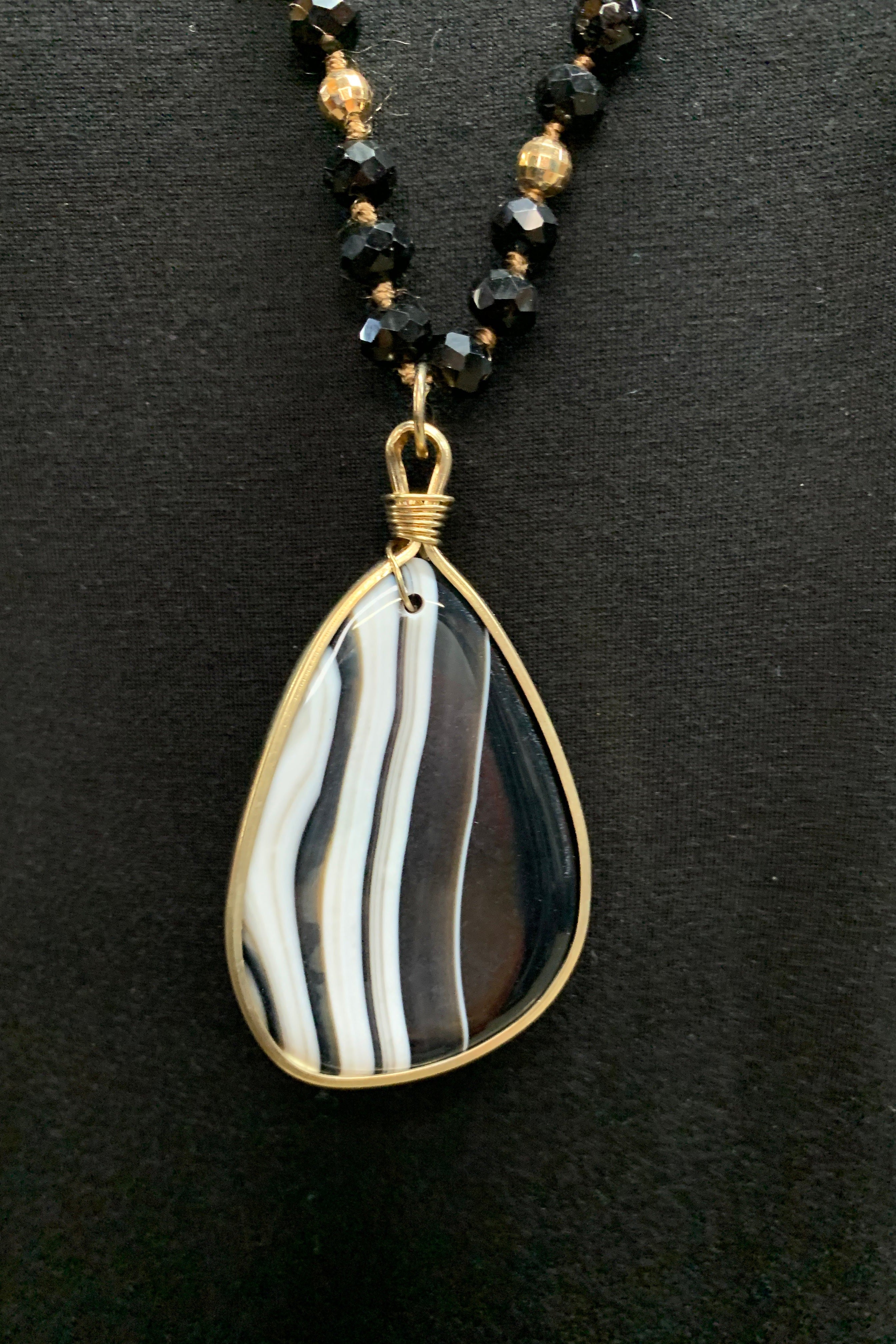 Emma Black And Gold Beaded Long Necklace With Black Stone Pendant-Necklaces-Emma-Deja Nu Boutique, Women's Fashion Boutique in Lampasas, Texas