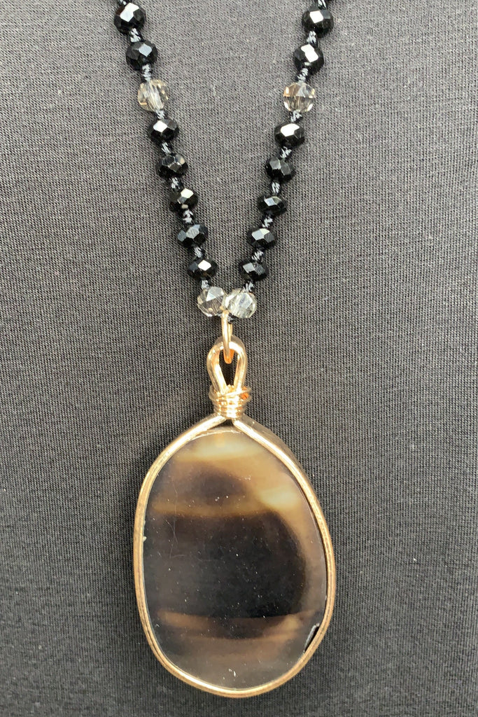 Emma Black And Gold Beaded Long Necklace With Black Stone Pendant-Necklaces-Emma-Deja Nu Boutique, Women's Fashion Boutique in Lampasas, Texas