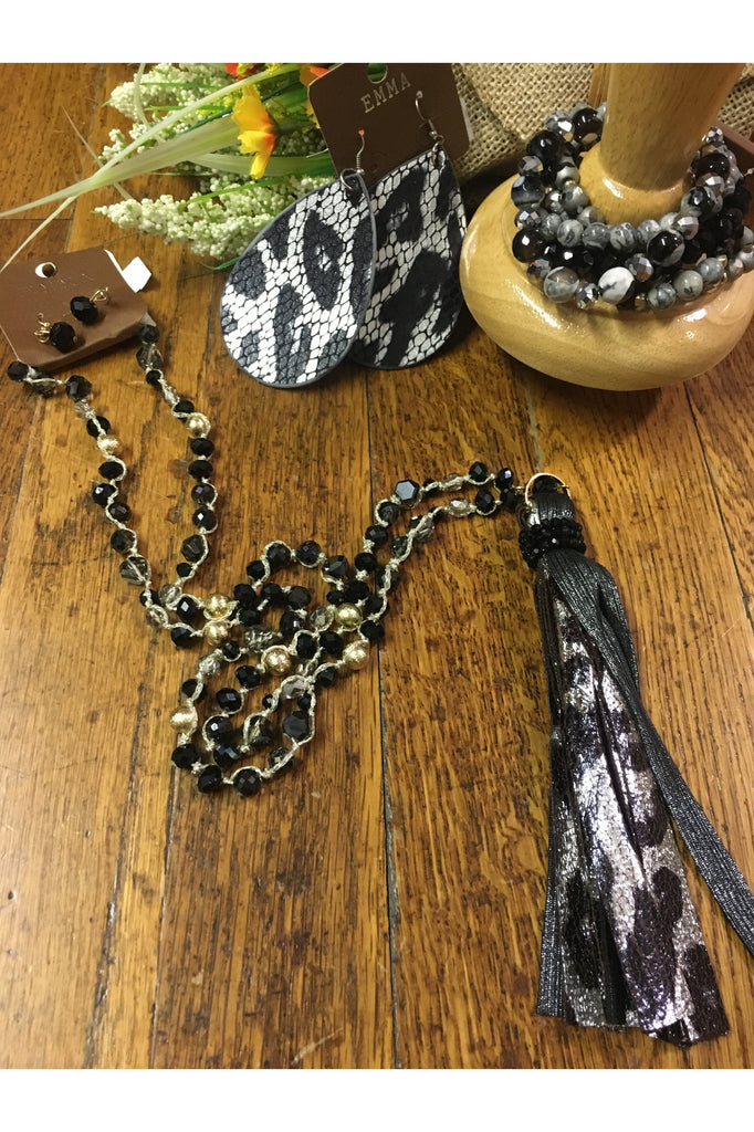 Emma Black And Silver Faux Leopard Tassel Necklace-Necklaces-Emma-Deja Nu Boutique, Women's Fashion Boutique in Lampasas, Texas