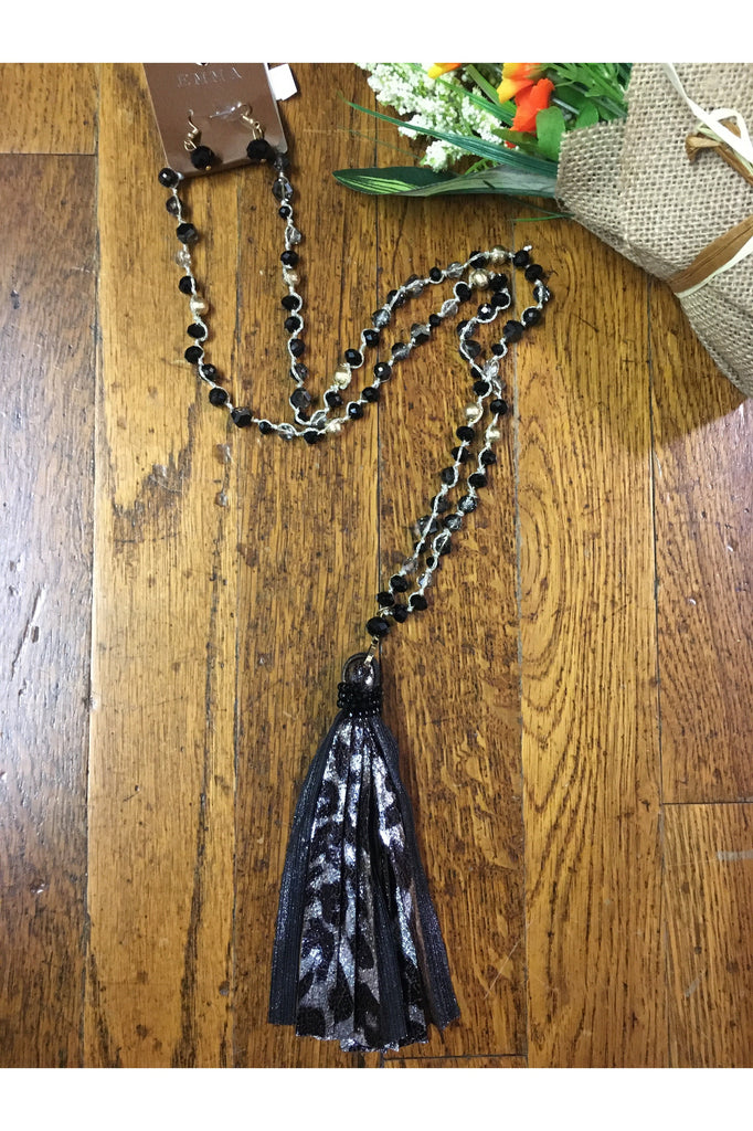 Emma Black And Silver Faux Leopard Tassel Necklace-Necklaces-Emma-Deja Nu Boutique, Women's Fashion Boutique in Lampasas, Texas