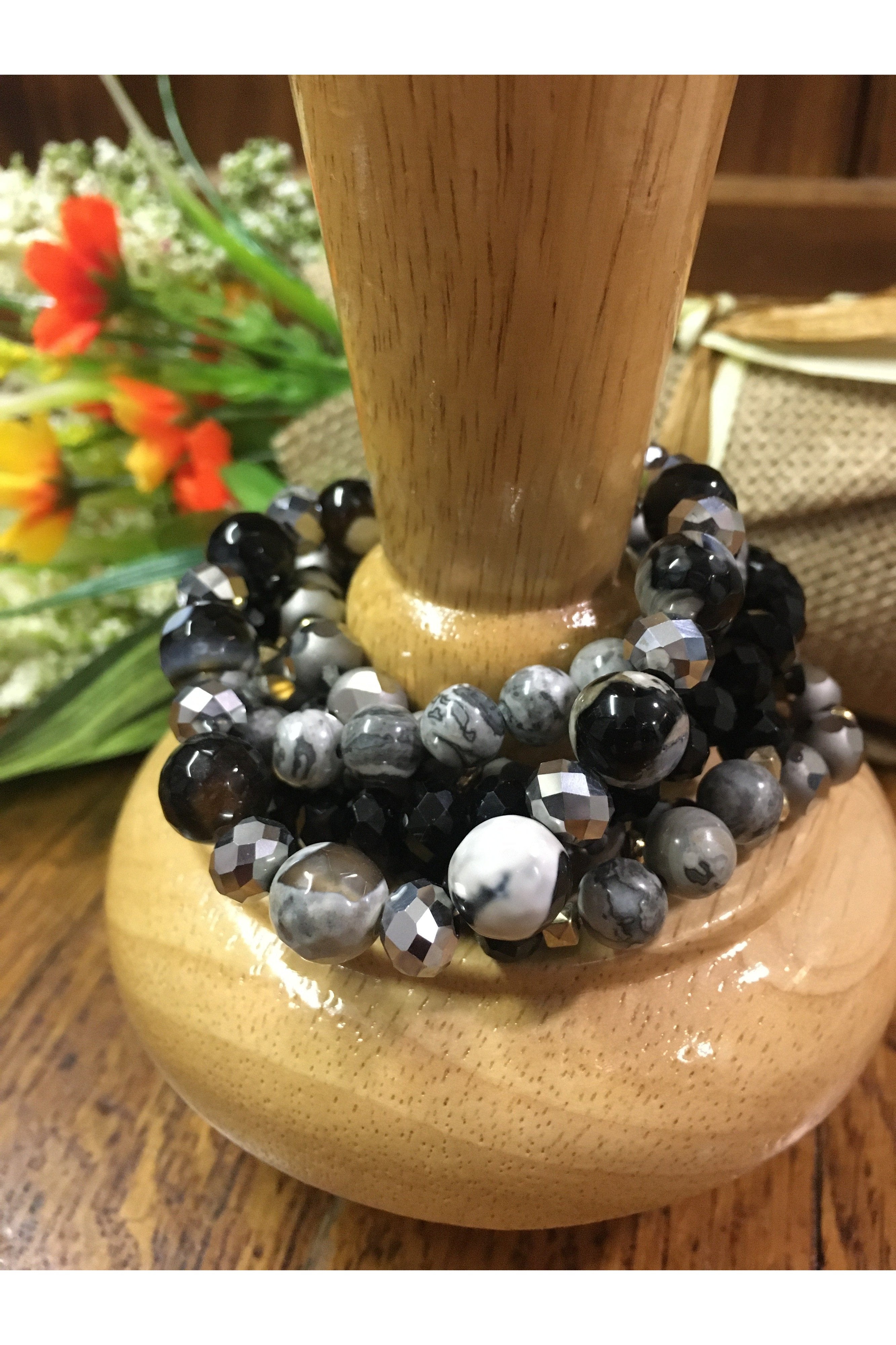 Emma Black And Silver Stretch Bracelets-Bracelets-Emma-Deja Nu Boutique, Women's Fashion Boutique in Lampasas, Texas