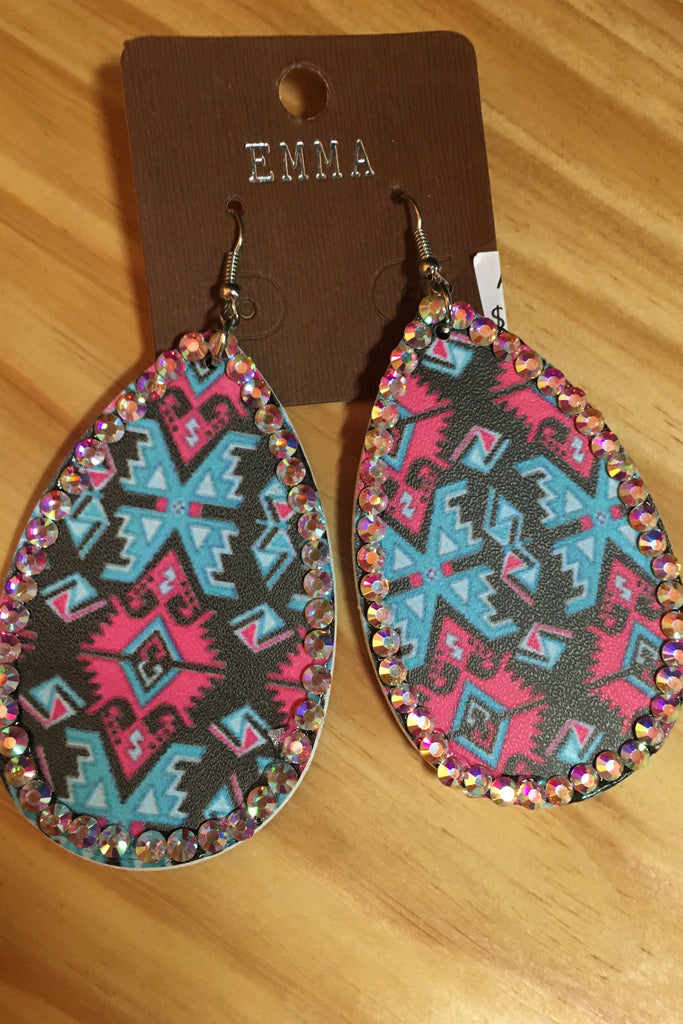 Emma Bright Turquoise And Hot Pink Aztec Earrings-Earrings-Emma-Deja Nu Boutique, Women's Fashion Boutique in Lampasas, Texas