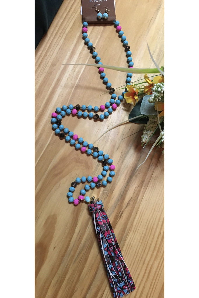Emma Bright Turquoise And Hot Pink Aztec Necklace-Necklaces-Emma-Deja Nu Boutique, Women's Fashion Boutique in Lampasas, Texas