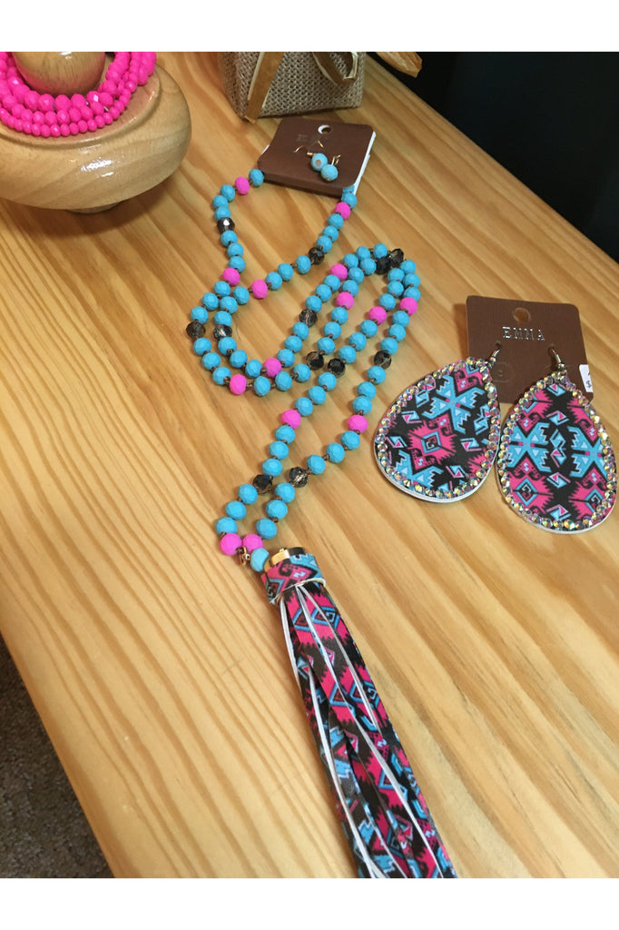 Emma Bright Turquoise And Hot Pink Aztec Necklace-Necklaces-Emma-Deja Nu Boutique, Women's Fashion Boutique in Lampasas, Texas