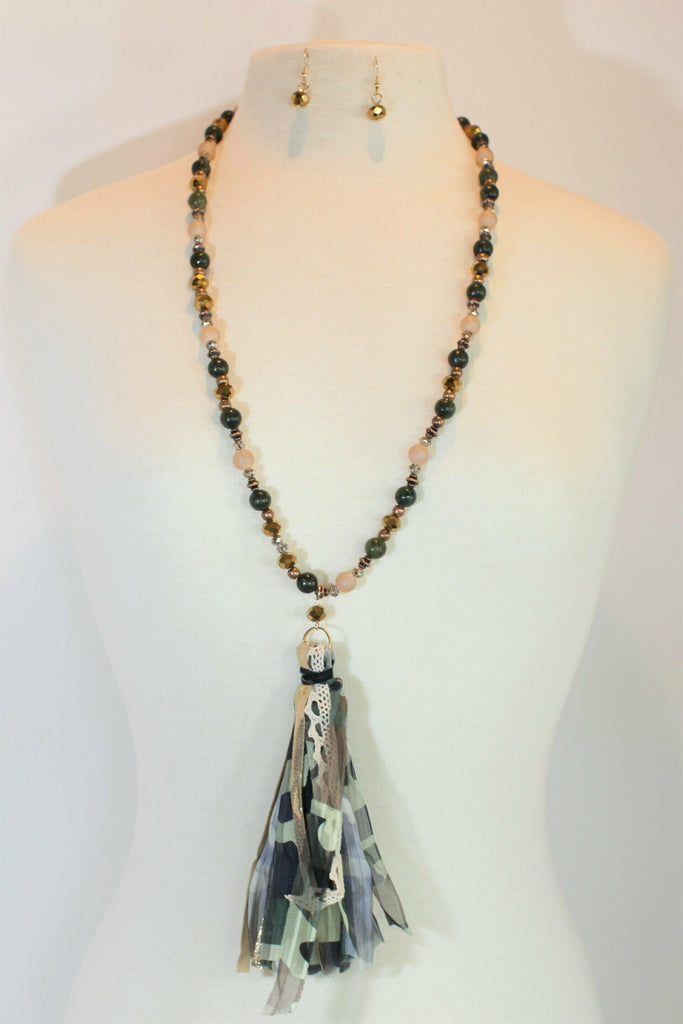 Emma Camo Tassel Necklace With Green And Gold Beads-Necklaces-Emma-Deja Nu Boutique, Women's Fashion Boutique in Lampasas, Texas