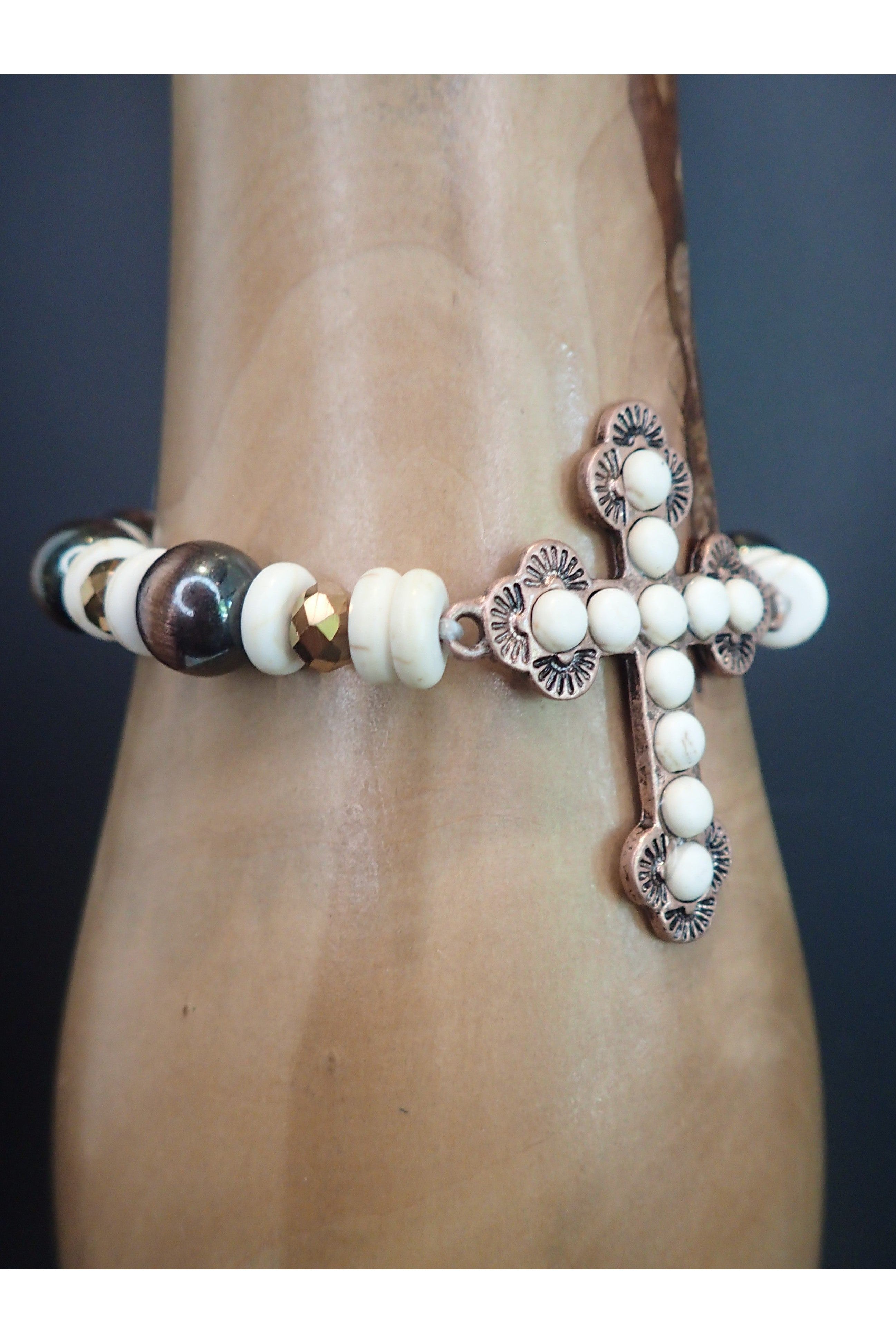 Emma Copper And White Stone Stretch Cross Bracelet-Bracelets-Emma-Deja Nu Boutique, Women's Fashion Boutique in Lampasas, Texas