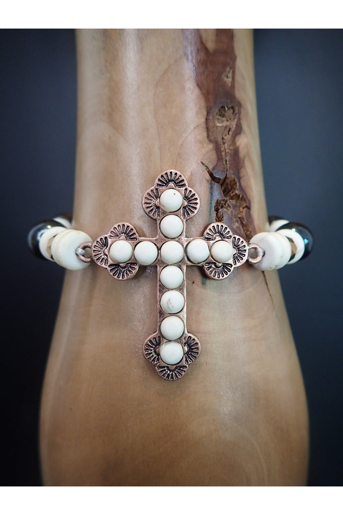 Emma Copper And White Stone Stretch Cross Bracelet-Bracelets-Emma-Deja Nu Boutique, Women's Fashion Boutique in Lampasas, Texas