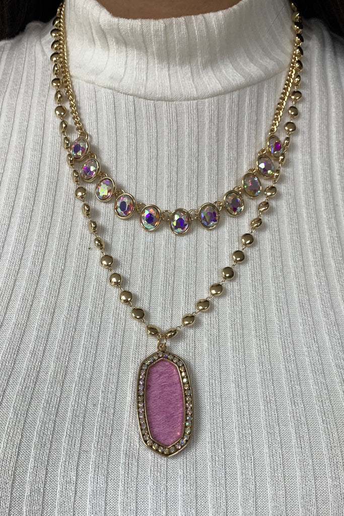 Emma Double Layer Gold Chain Necklace With AB Crystals And Large Pink Pendant-Necklaces-Emma-Deja Nu Boutique, Women's Fashion Boutique in Lampasas, Texas