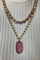 Emma Double Layer Gold Chain Necklace With AB Crystals And Large Pink Pendant-Necklaces-Emma-Deja Nu Boutique, Women's Fashion Boutique in Lampasas, Texas