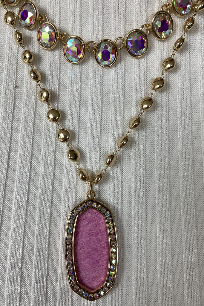 Emma Double Layer Gold Chain Necklace With AB Crystals And Large Pink Pendant-Necklaces-Emma-Deja Nu Boutique, Women's Fashion Boutique in Lampasas, Texas