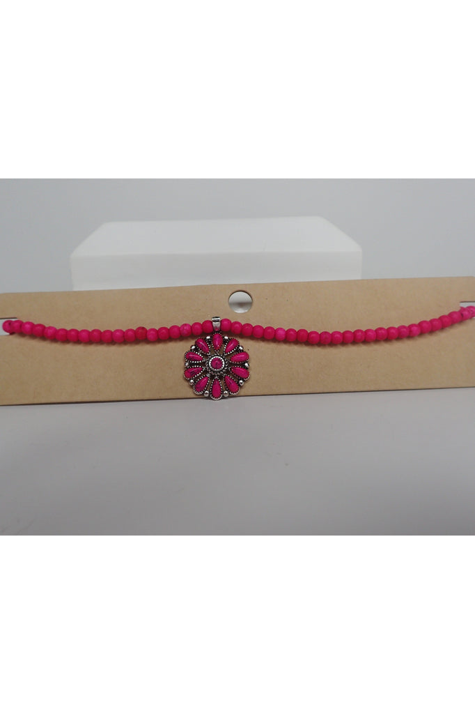 Emma Hot Pink Beaded Necklace With Hot Pink Concho Medallion-Necklaces-Emma-Deja Nu Boutique, Women's Fashion Boutique in Lampasas, Texas