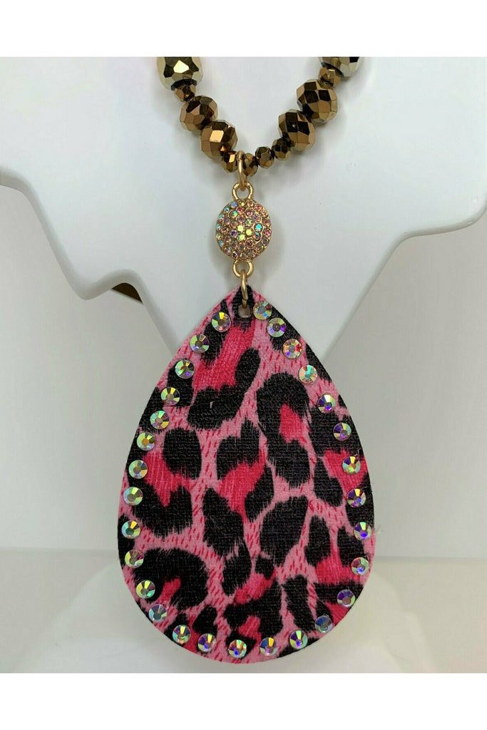 Emma Hot Pink Faux Leopard Necklace With Rhinestones-Necklaces-Emma-Deja Nu Boutique, Women's Fashion Boutique in Lampasas, Texas
