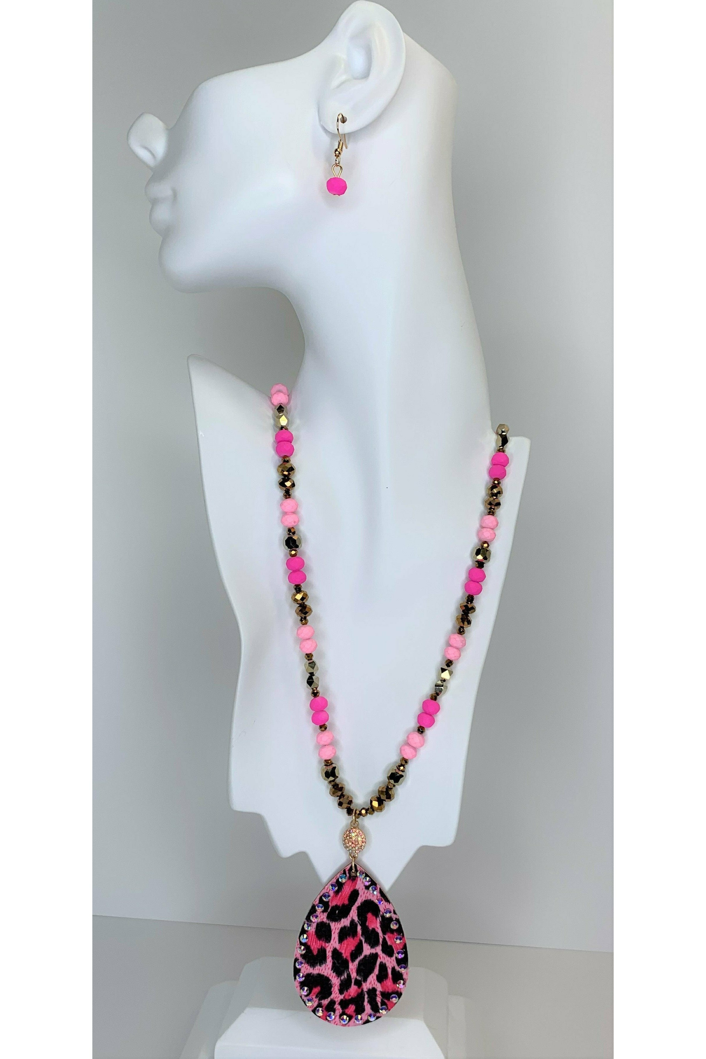 Emma Hot Pink Faux Leopard Necklace With Rhinestones-Necklaces-Emma-Deja Nu Boutique, Women's Fashion Boutique in Lampasas, Texas