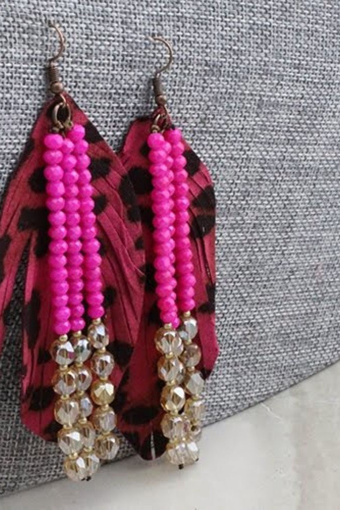 Emma Hot Pink Leather Leopard Feather Earring With Hot Pink Crystal Dangle Beads-Earrings-Emma-Deja Nu Boutique, Women's Fashion Boutique in Lampasas, Texas