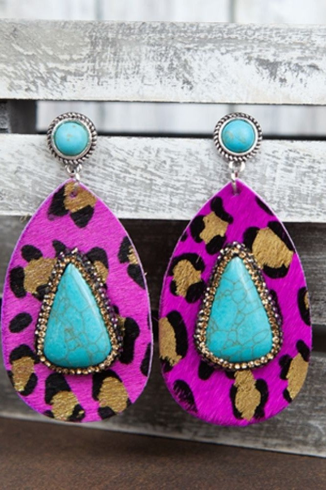 Emma Hot Pink Leopard Leather and Turquoise Stone Earrings-Earrings-Emma-Deja Nu Boutique, Women's Fashion Boutique in Lampasas, Texas