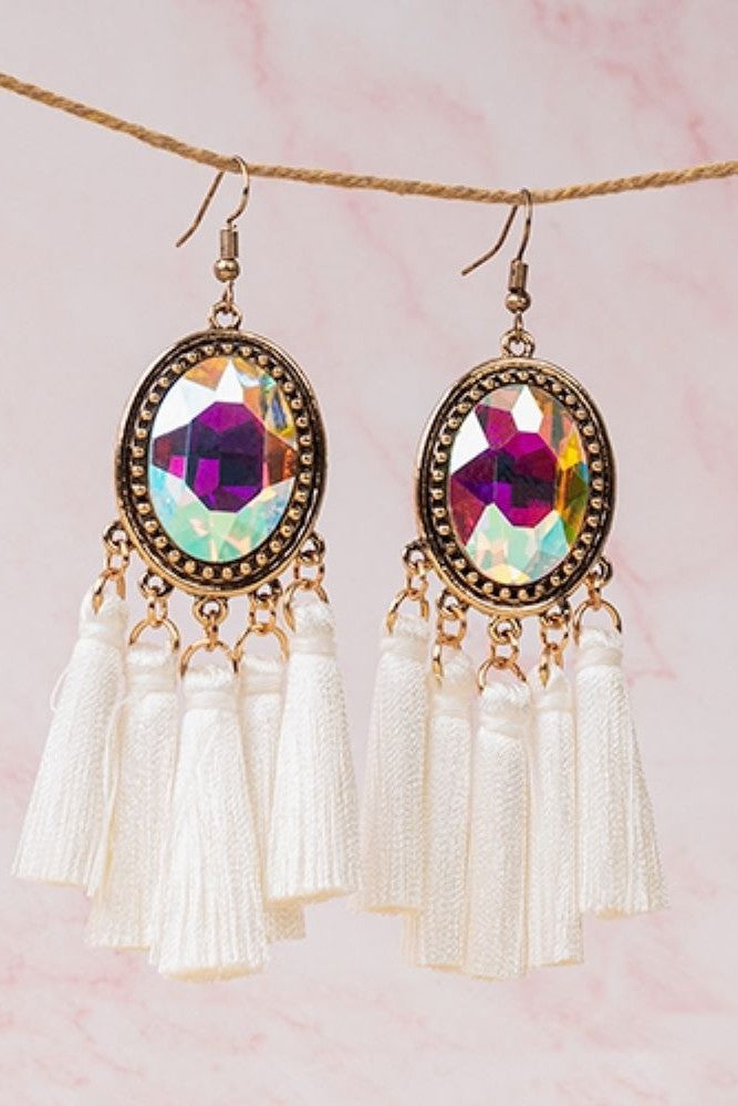 Emma Large AB Rhinestone Encased In Gold With White Mini-Tassels-Earrings-Emma-Deja Nu Boutique, Women's Fashion Boutique in Lampasas, Texas