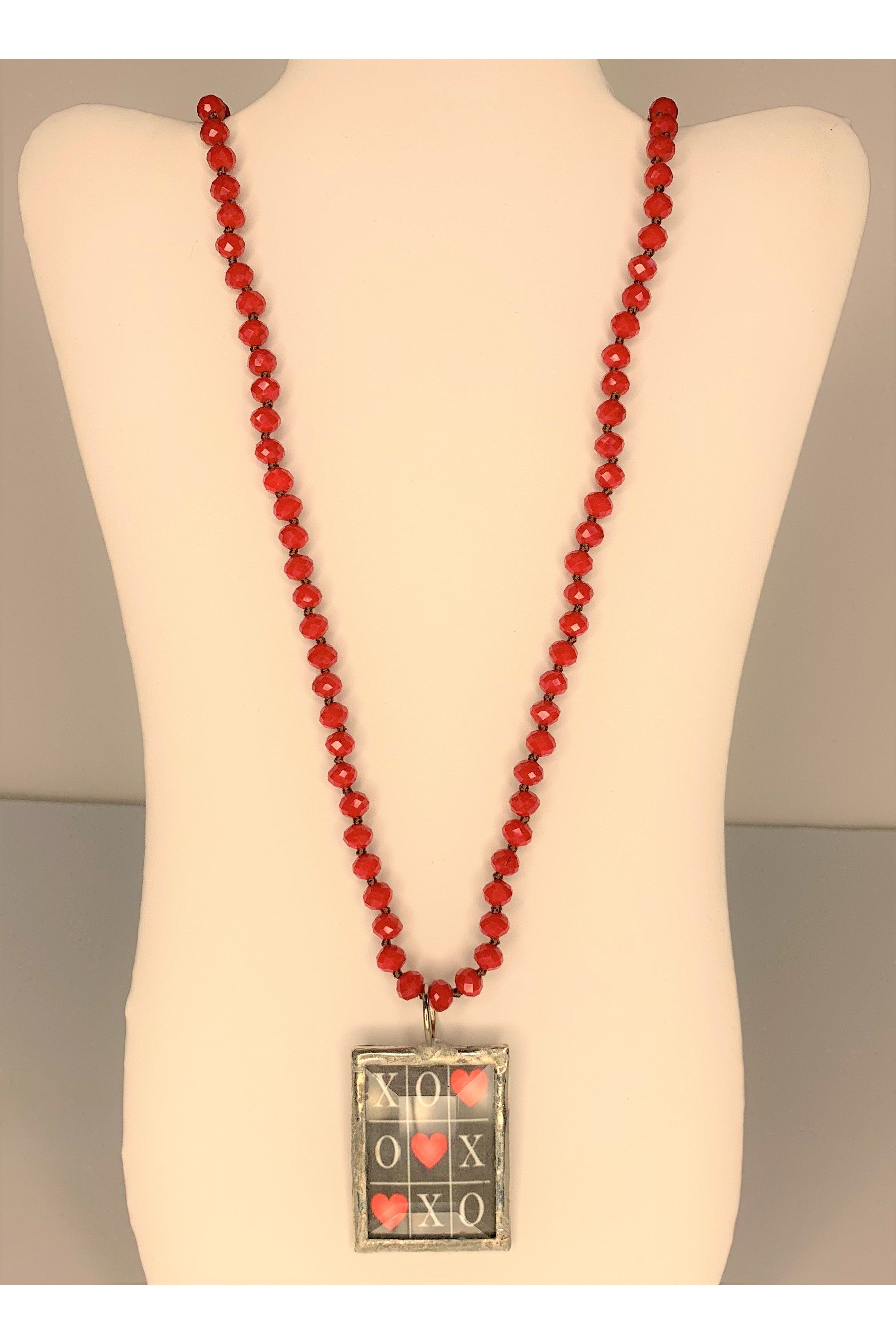Emma Long Red Beaded Necklace With Tic Tac Toe Pendant-Necklaces-Emma-Deja Nu Boutique, Women's Fashion Boutique in Lampasas, Texas