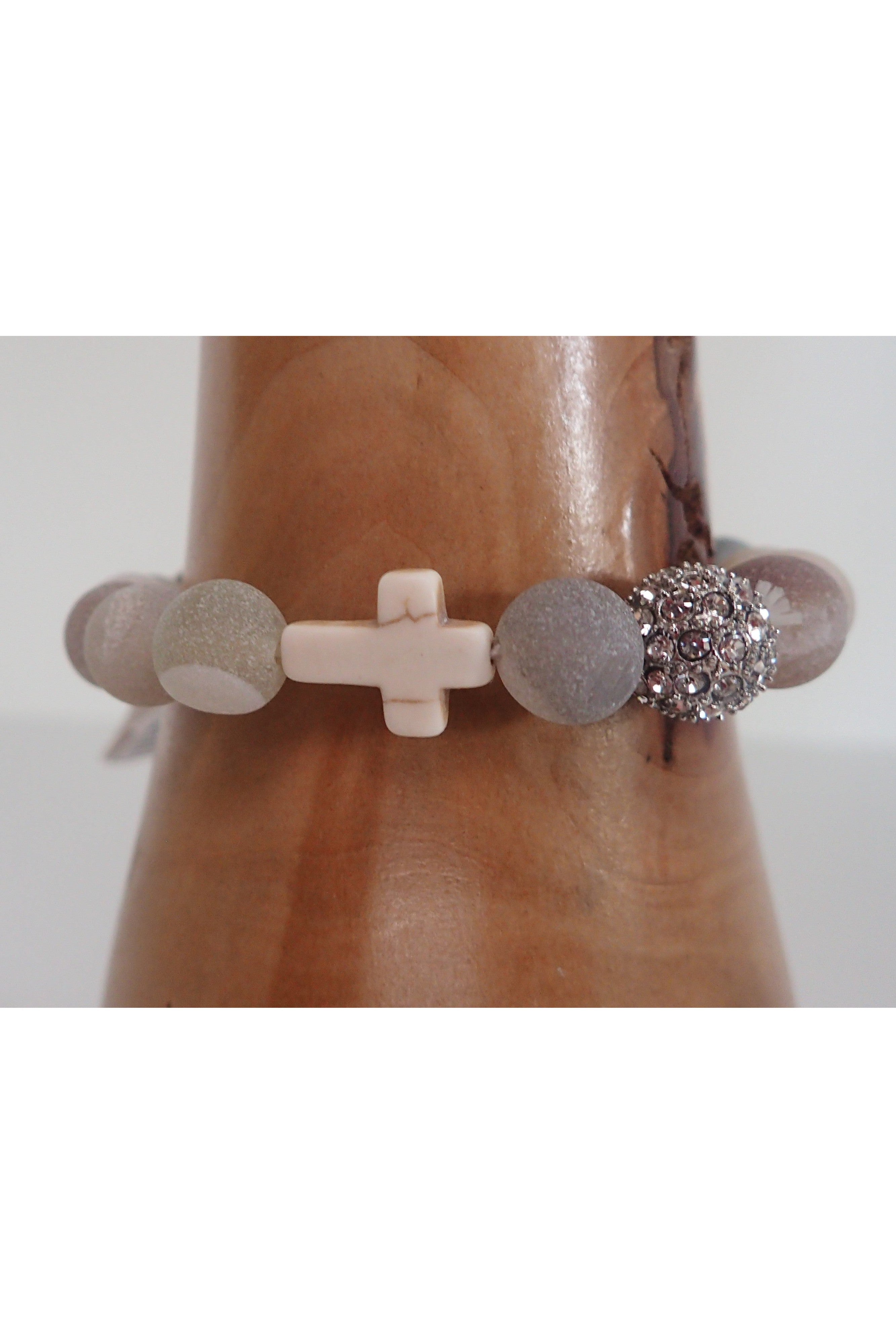 Emma Natural Stone Cross And Rhinestone Bracelet-Bracelets-Emma-Deja Nu Boutique, Women's Fashion Boutique in Lampasas, Texas