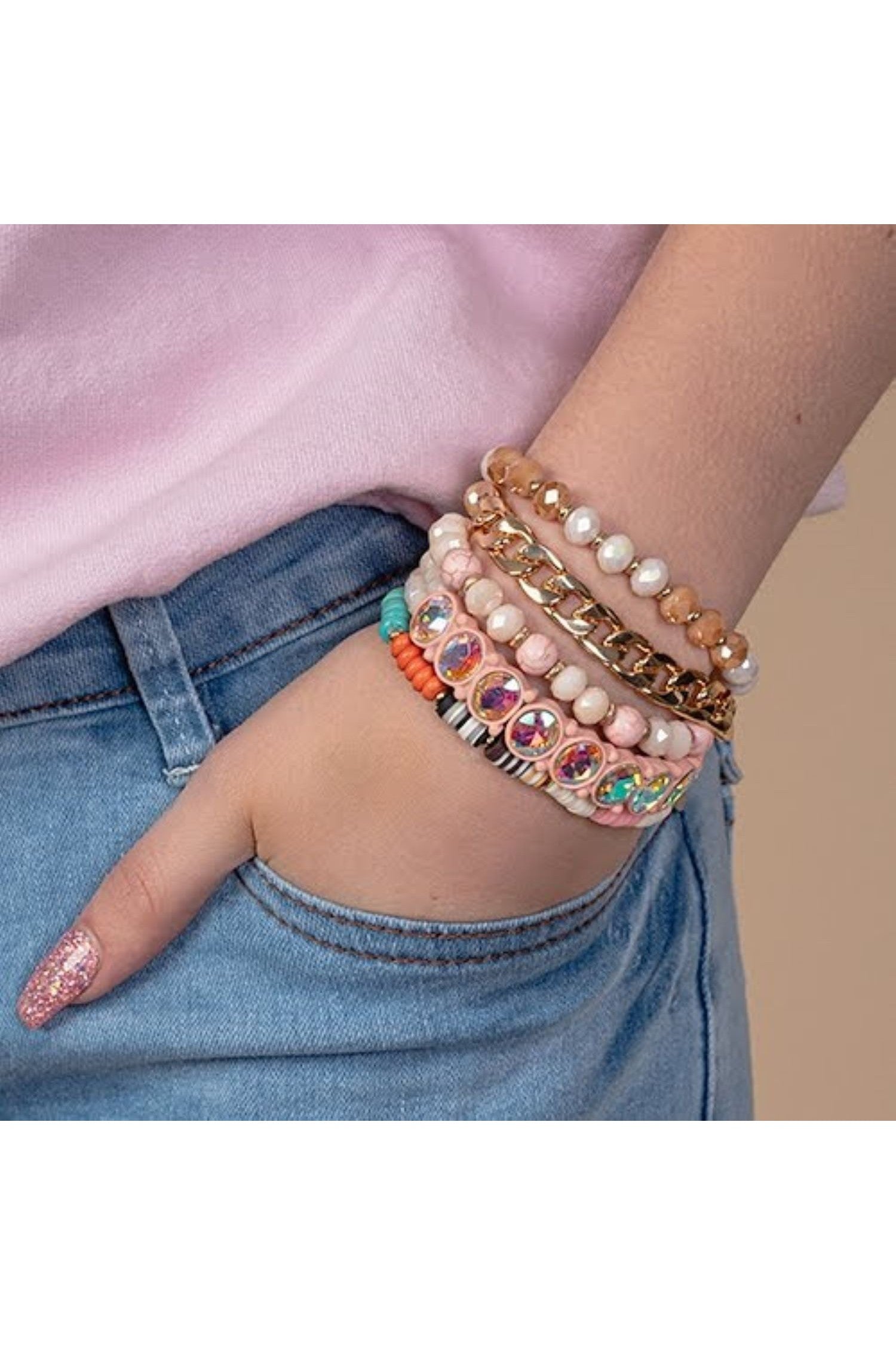 Emma Pink And Turquoise Gold Stretch Bracelet Set-Bracelets-Emma-Deja Nu Boutique, Women's Fashion Boutique in Lampasas, Texas