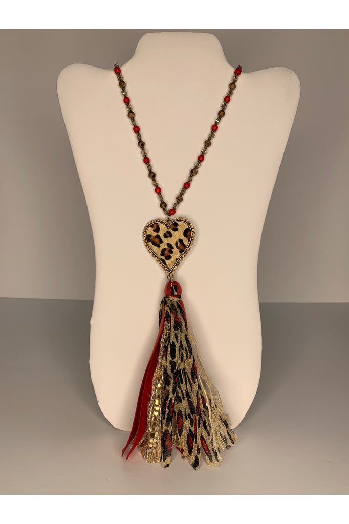 Sunshine & Rodeo Red And Gold Long Bead Necklace With Leopard Heart And Tassel-Necklaces-Sunshine And Rodeo-Deja Nu Boutique, Women's Fashion Boutique in Lampasas, Texas
