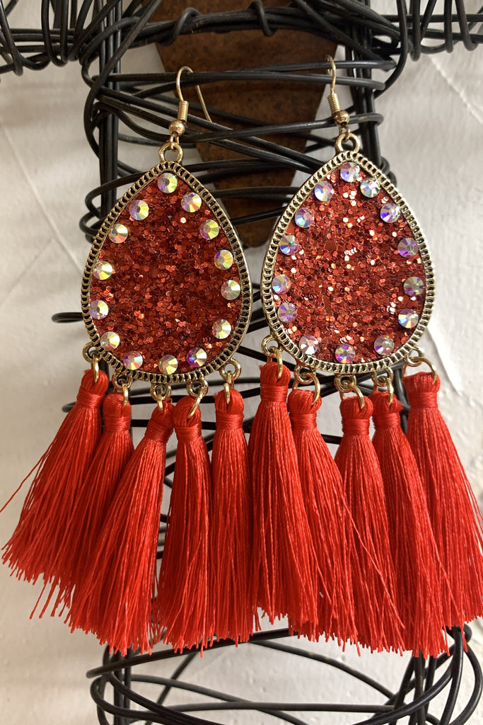 Emma Red Sparkle Teardrop Earring With AB Crystal Rhinestones And Fringe Tassels-Earrings-Emma-Deja Nu Boutique, Women's Fashion Boutique in Lampasas, Texas