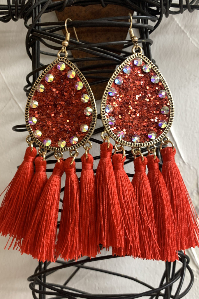 Emma Red Sparkle Teardrop Earring With AB Crystal Rhinestones And Fringe Tassels-Earrings-Emma-Deja Nu Boutique, Women's Fashion Boutique in Lampasas, Texas
