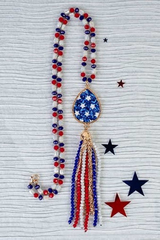 Emma Red White And Blue Novelty Sparkle Necklace With Dangle Beads-Necklaces-Emma-Deja Nu Boutique, Women's Fashion Boutique in Lampasas, Texas