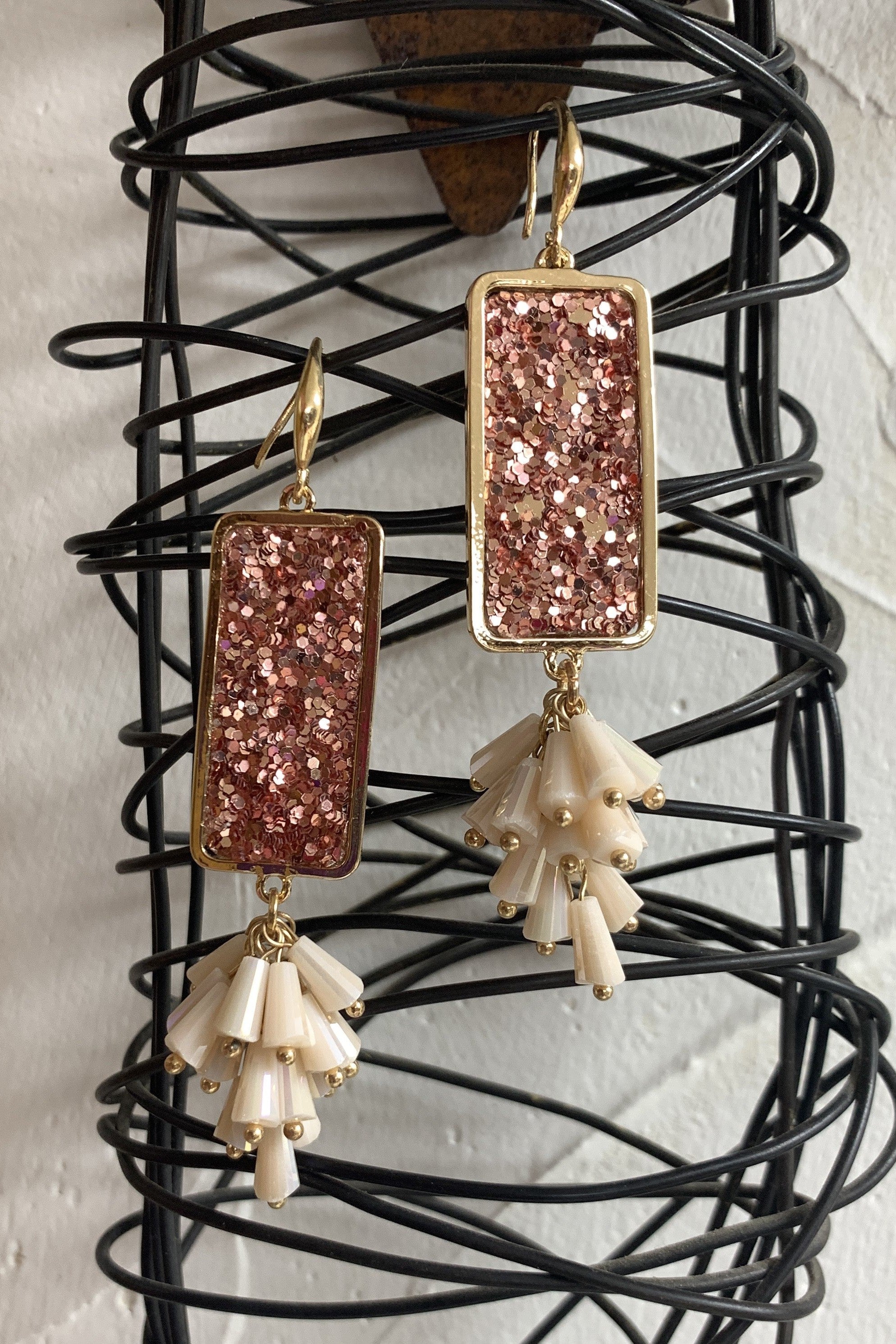 Emma Rose Gold Sparkle Triangle Earring With Peach Dangle Beads-Earrings-Emma-Deja Nu Boutique, Women's Fashion Boutique in Lampasas, Texas