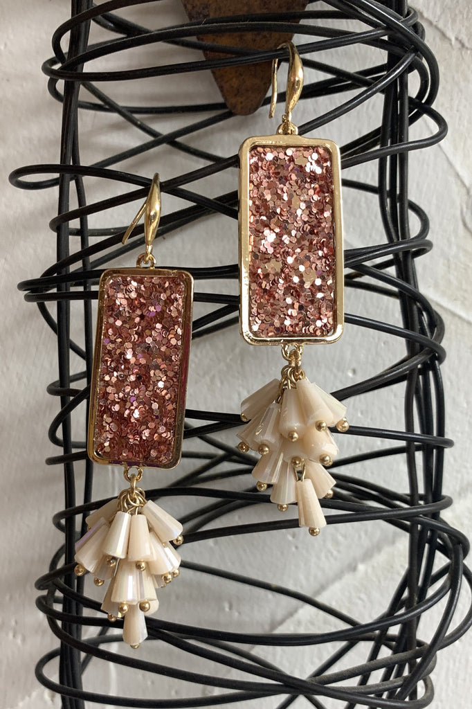 Emma Rose Gold Sparkle Triangle Earring With Peach Dangle Beads-Earrings-Emma-Deja Nu Boutique, Women's Fashion Boutique in Lampasas, Texas