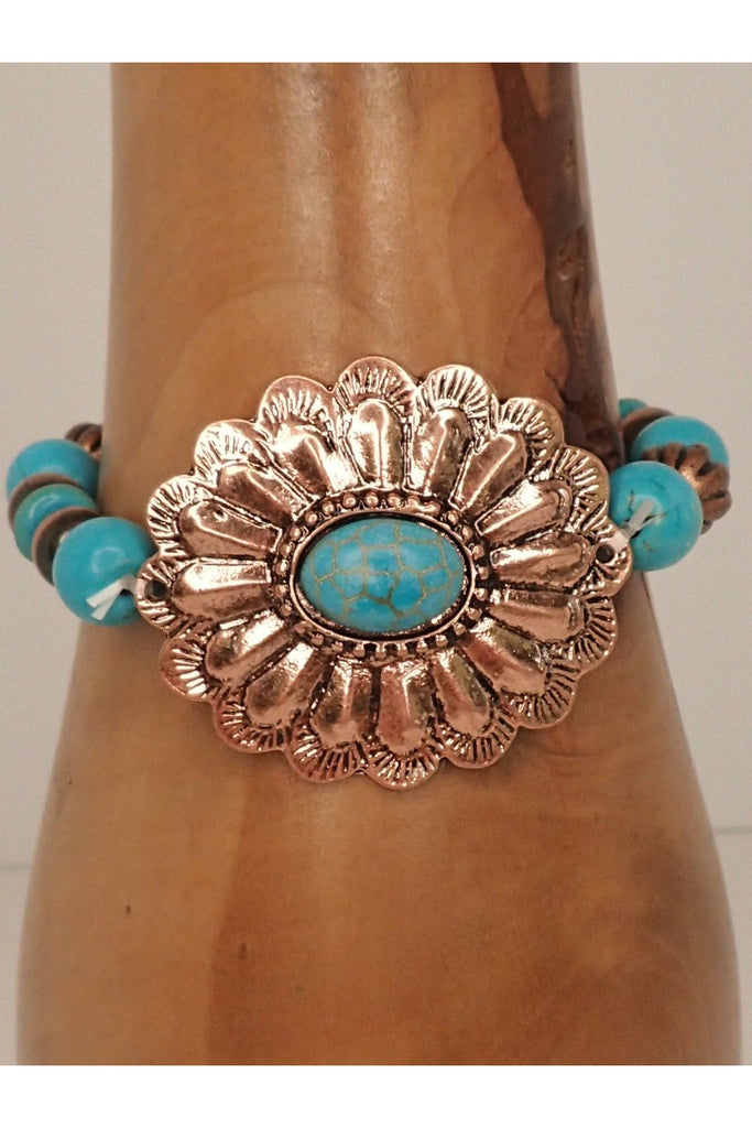 Emma Rose Gold Turquoise Concho Stretch Bracelet-Bracelets-Emma-Deja Nu Boutique, Women's Fashion Boutique in Lampasas, Texas