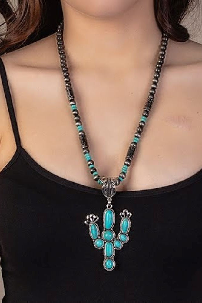 Emma Silver And Turquoise Cactus Long Necklace Set-Necklaces-Emma-Deja Nu Boutique, Women's Fashion Boutique in Lampasas, Texas