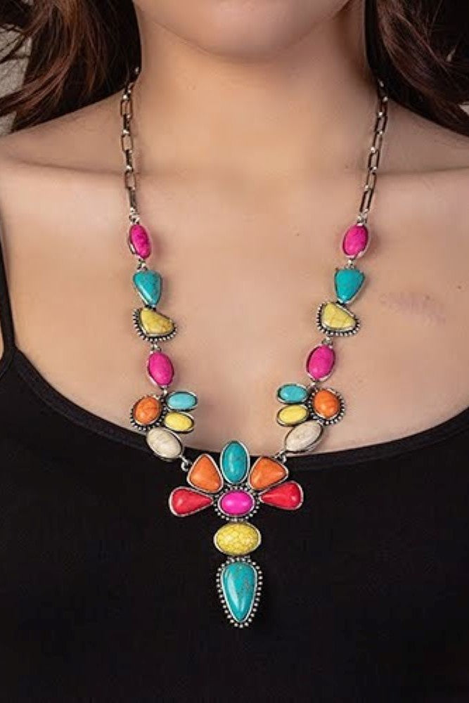 Emma Silver Chain Necklace With Bright Colored Squash Pendant Set-Necklaces-Emma-Deja Nu Boutique, Women's Fashion Boutique in Lampasas, Texas