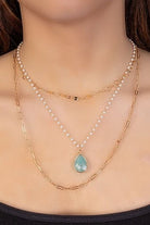 Emma Smokey Blue Charm Pendant With Pearls And Gold Link Layered Necklace-Necklaces-Emma-Deja Nu Boutique, Women's Fashion Boutique in Lampasas, Texas