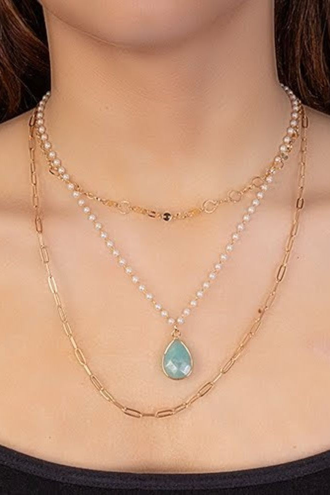 Emma Smokey Blue Charm Pendant With Pearls And Gold Link Layered Necklace-Necklaces-Emma-Deja Nu Boutique, Women's Fashion Boutique in Lampasas, Texas