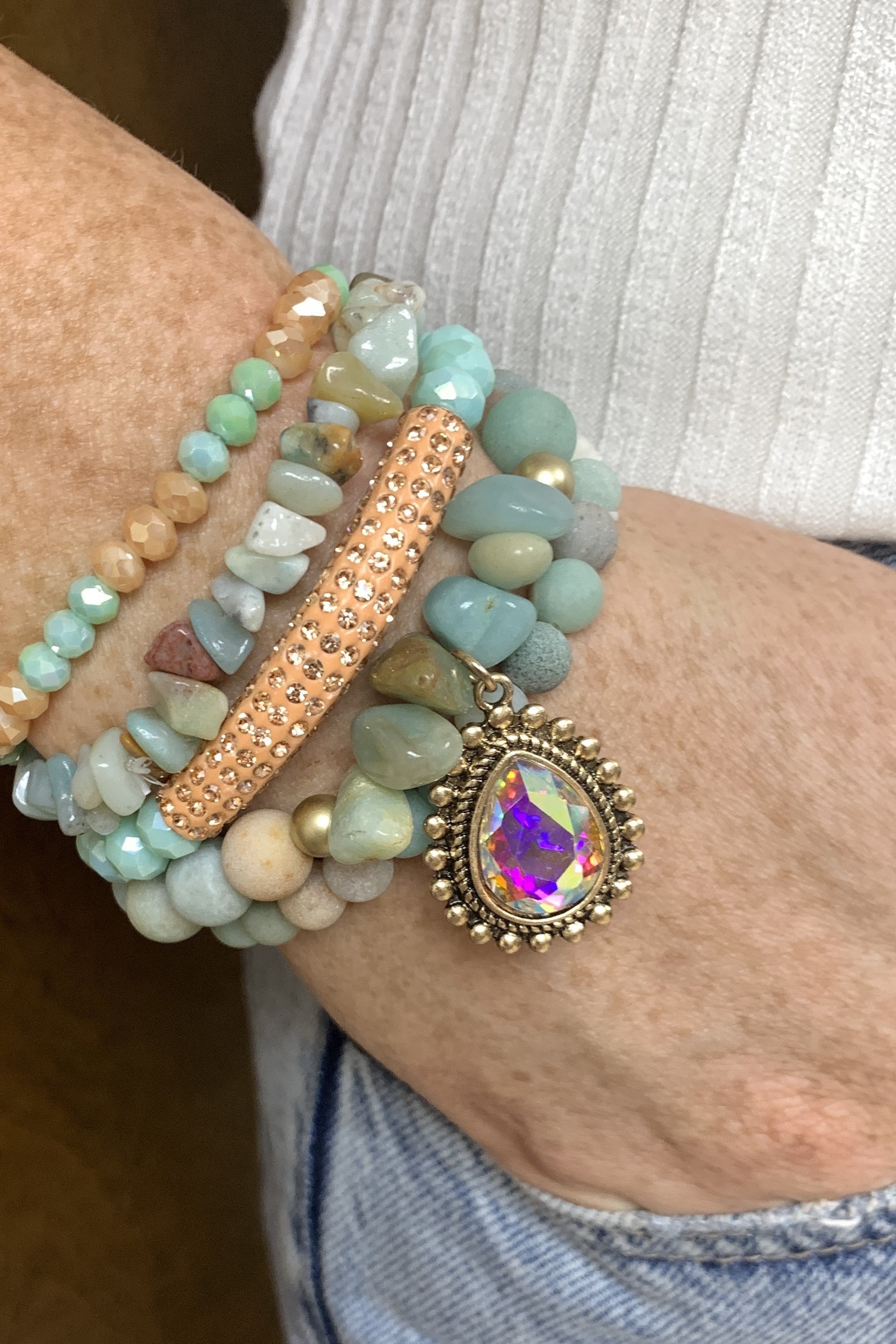 Emma Stretch Bracelet Set In Sea Green Stone With Large AB Crystal Drop-Bracelets-Emma-Deja Nu Boutique, Women's Fashion Boutique in Lampasas, Texas