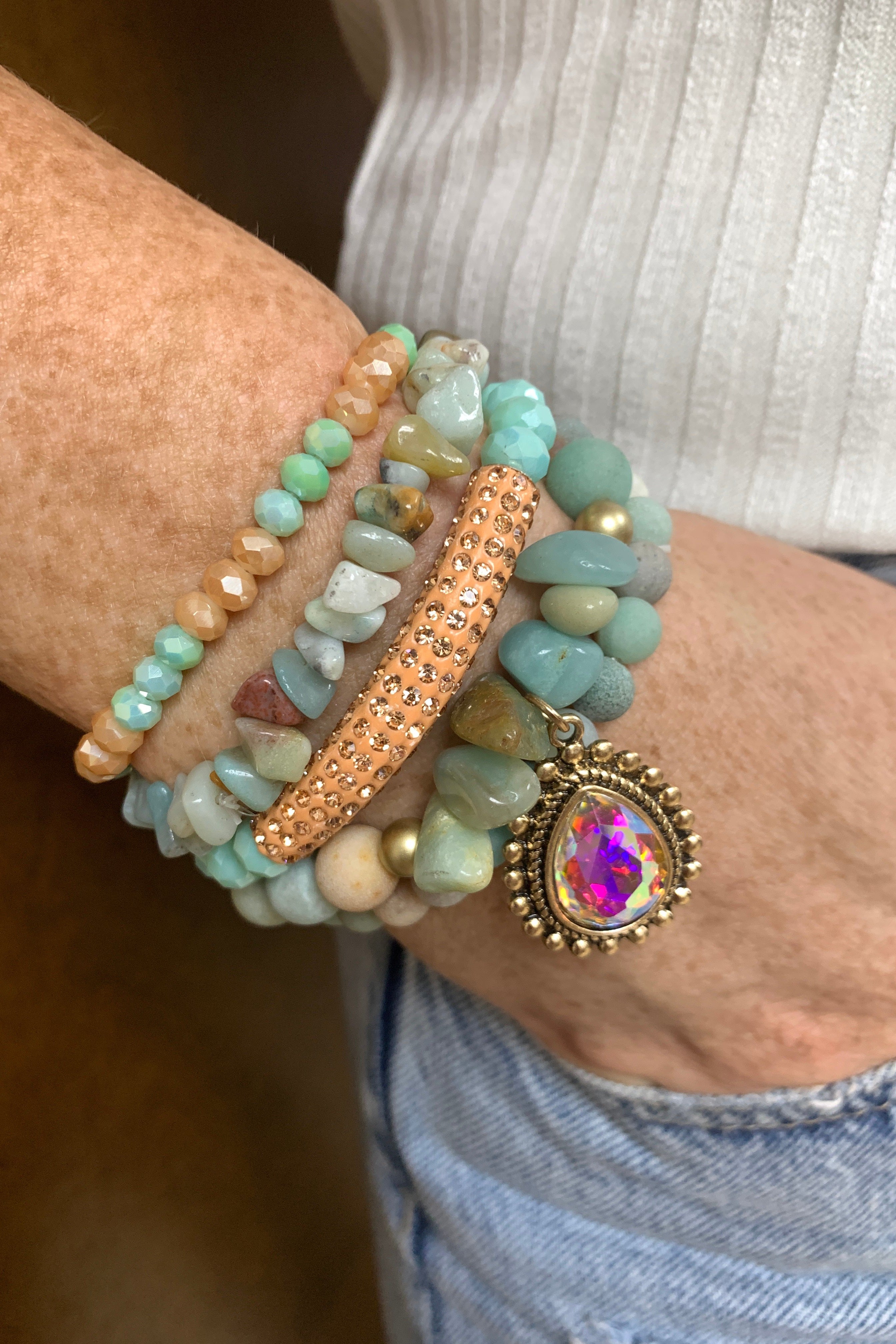 Emma Stretch Bracelet Set In Sea Green Stone With Large AB Crystal Drop-Bracelets-Emma-Deja Nu Boutique, Women's Fashion Boutique in Lampasas, Texas