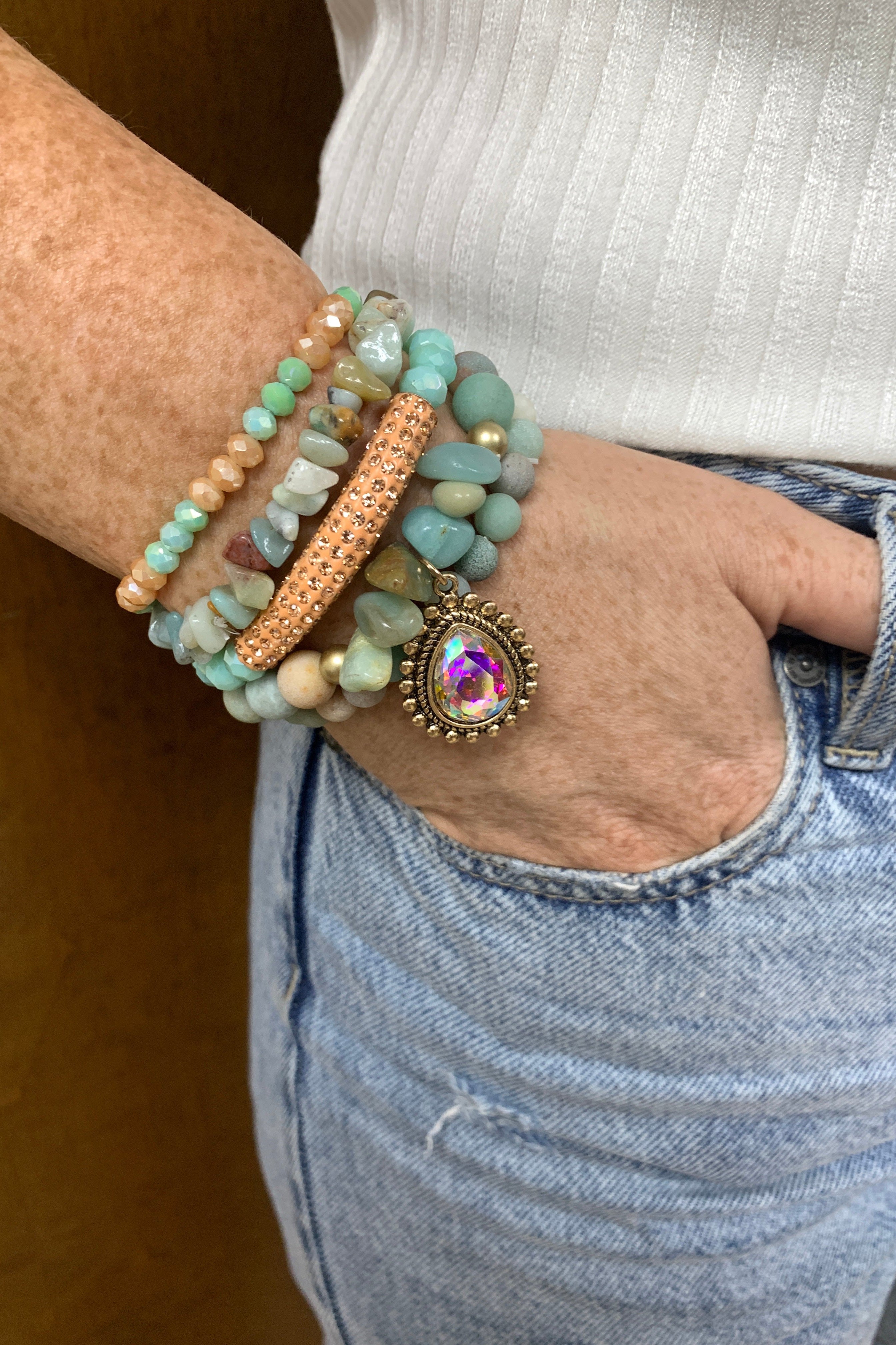 Emma Stretch Bracelet Set In Sea Green Stone With Large AB Crystal Drop-Bracelets-Emma-Deja Nu Boutique, Women's Fashion Boutique in Lampasas, Texas