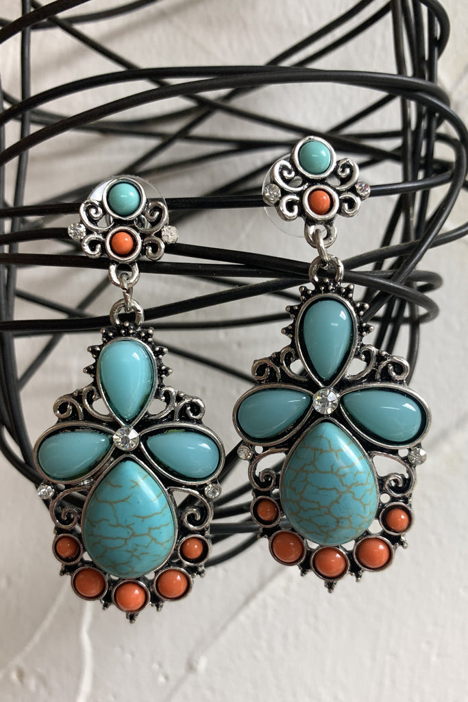 Emma Turquoise And Coral Flower Earring-Earrings-Emma-Deja Nu Boutique, Women's Fashion Boutique in Lampasas, Texas