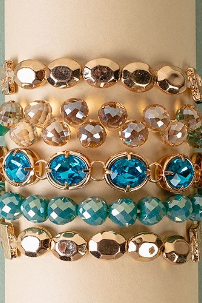 Emma Turquoise And Gold Crystal Rhinestone Accent Stacked Bracelets-Bracelets-Emma-Deja Nu Boutique, Women's Fashion Boutique in Lampasas, Texas