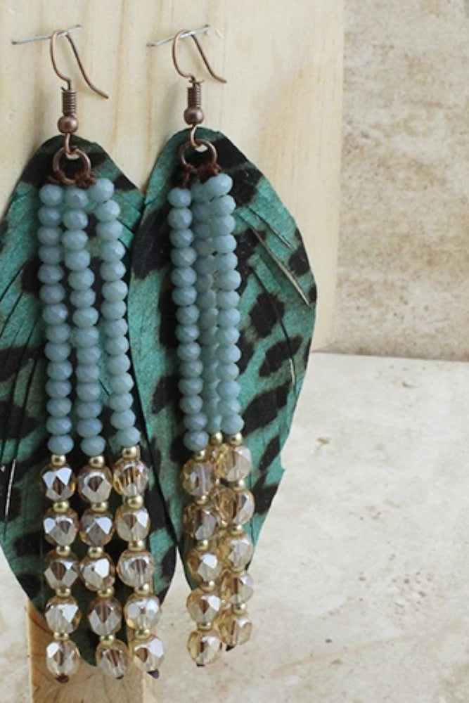 Emma Turquoise Leopard Printed Feather Earrings With Crystal Beaded Tassels-Earrings-Emma-Deja Nu Boutique, Women's Fashion Boutique in Lampasas, Texas