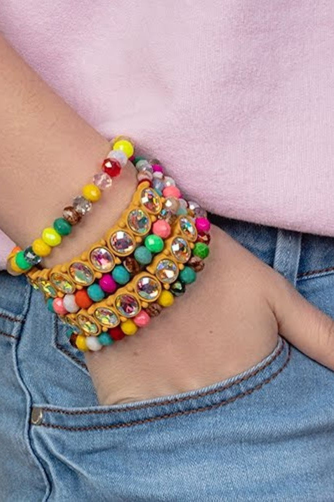 Emma Yellow Rhinestone And Colored Bead Stretch Bracelet Set-Bracelets-Emma-Deja Nu Boutique, Women's Fashion Boutique in Lampasas, Texas